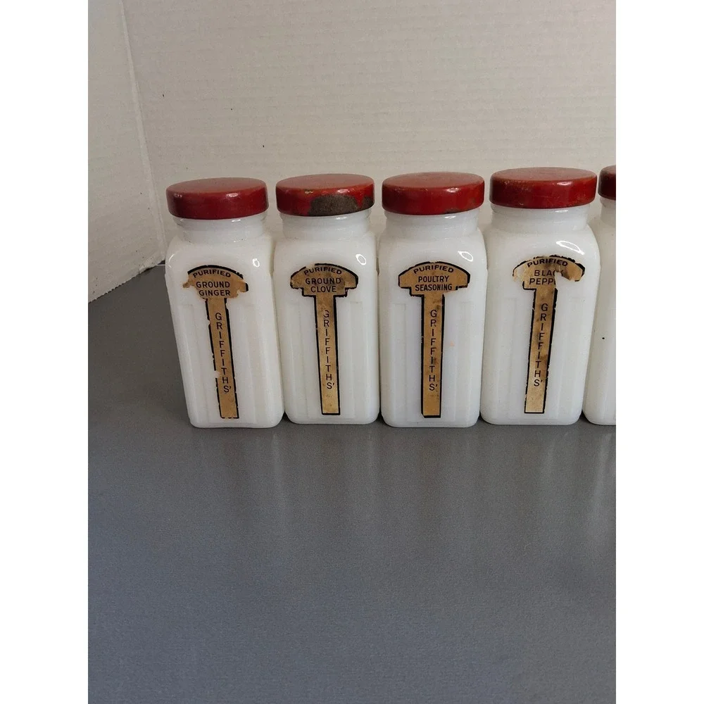 Vintage Griffiths Milk Glass Spice Jars Set of 8 Red Lids Art Deco Kitchen Decor